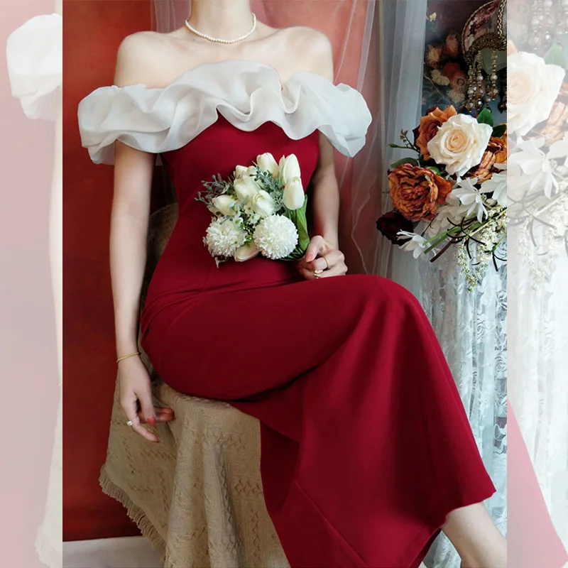 

Ele Red One-oulder Gown Vintage Sle Long Dr Women's Faion Cotail Dr Slimming Splice Ceremony Dr