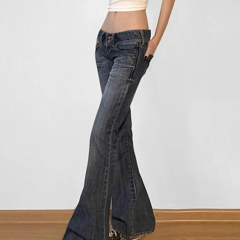 อเมริกันRetroต่ําเอวกางเกงยีนส์ผู้หญิงY2K Streetwear SlimคาวบอยFlaredกางเกงMujer Harajukuล้างปุ่มกระเป๋าDenimกางเกง