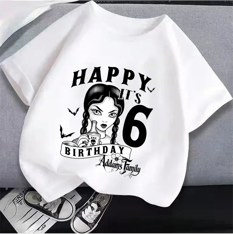 2025 New  Wednesday Addams Children Clothing Anime Summer Girls Birthday Number T-shirt Cartoon Clothes Kids Top Gift New