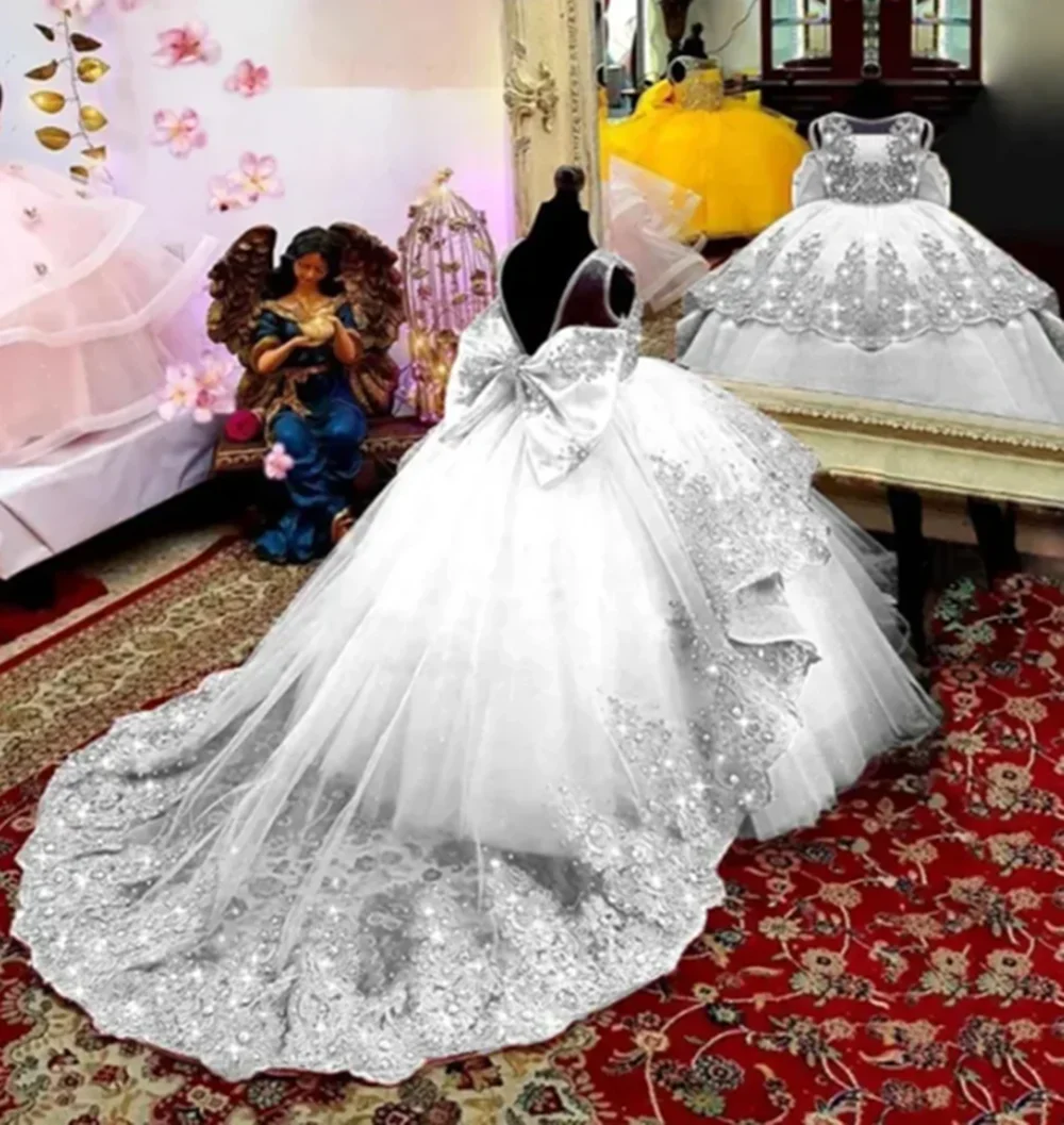 فستان فتاة الزهور مخصص لحمالات الزفاف مع فيونكة من الساتان لحفلات أعياد الميلاد الأولى للأطفال #2