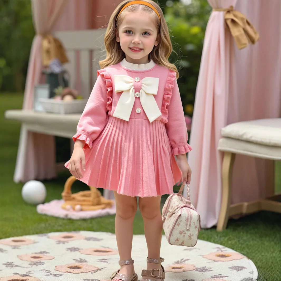 

The new sweet bow sweater dress fashionable casual mid-length dress for children in autumn winter 90-130cm