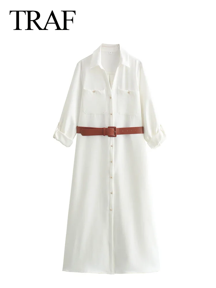 TRAF 2024 New Woman Elegant White Dress Women Lapel Casual Loose Chic Single-Breasted Pocket With Belt Slim Long Sleeve Dress