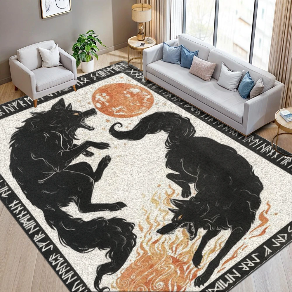 2D Flat Mythic Moon‑Wolf‑Fire Design Rug, Non‑Slip Washable Mat for Living Room Bedroom Hallway Indoor Decor