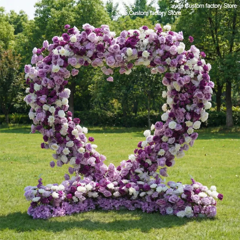 Lila-weißer Rosen-Herzform-Kunstblumenbogen, luxuriöser Hochzeitshintergrund, Blumen-Deko für Verlobungsfeier und Fotobox – Detail 1