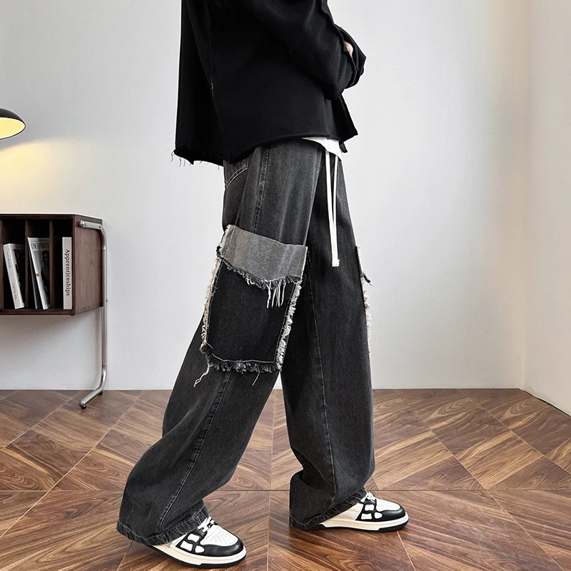 2024 New Trendy Jeans Vintage Washed 3D Pocket Workwear Denim Pants Casual Fashion Loose Straight Leg Men's Wide Leg Pants