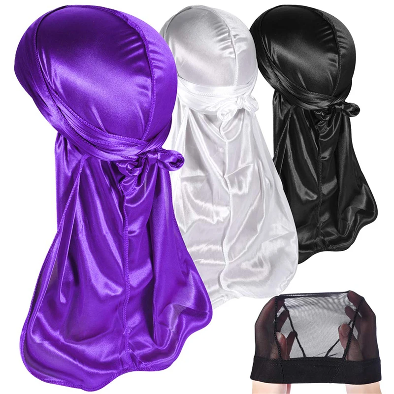 4PCS/LOT Silky Durags Turban Hat And Mesh Chemo Cap Unisex Silk Durag Headwear Headband Breathable Bandana Hat Pirate dla dorosłych