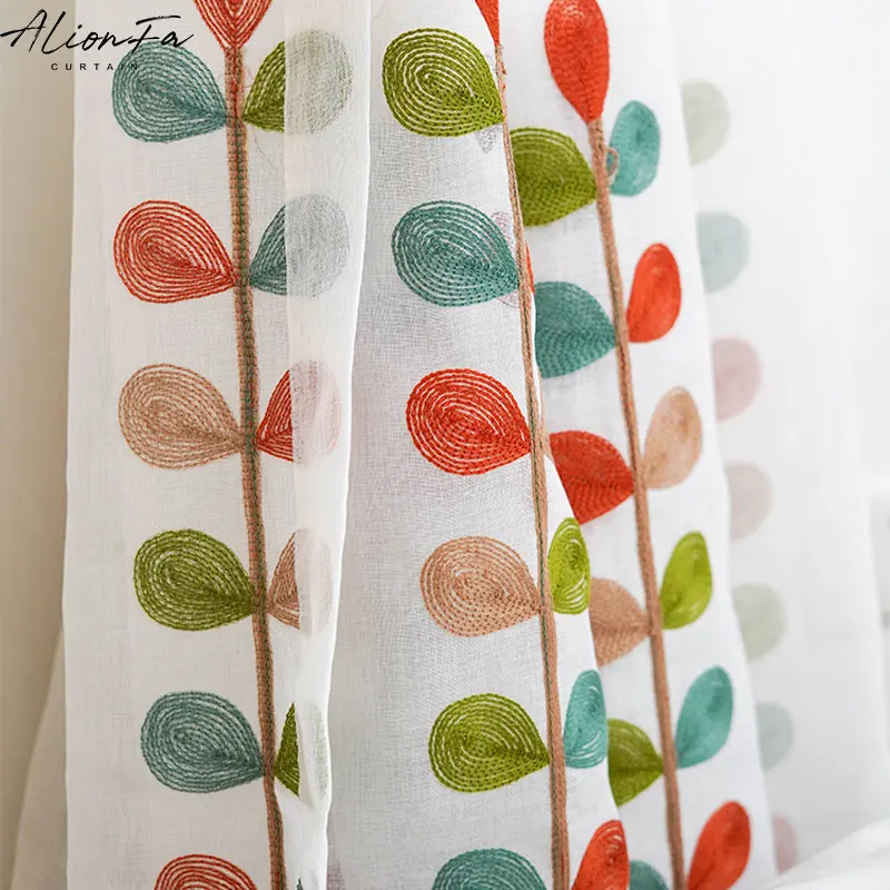 Tricolor Leaves Embroidered Tulle Curtains for Living Room and Bedroom, Korean Sheer Voile Curtain Kitchen Short Curtain Blinds