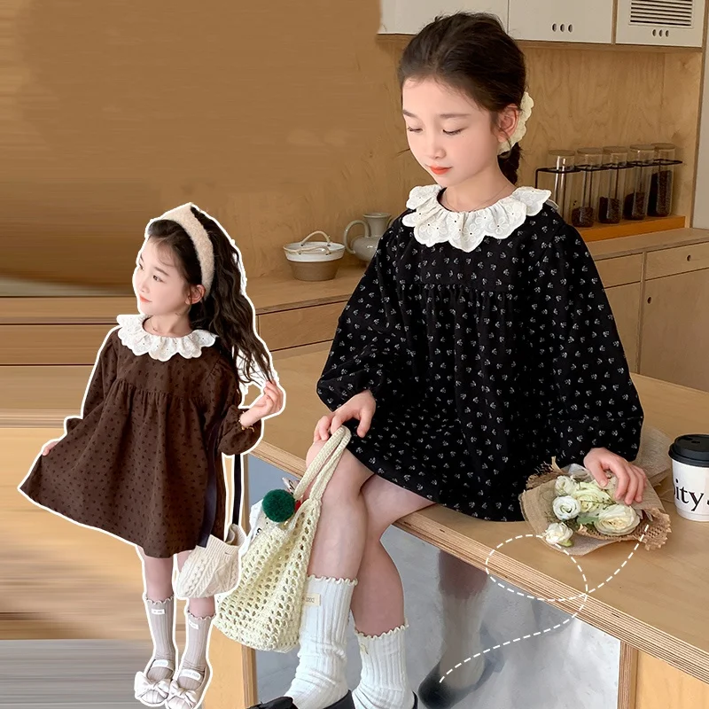 

Baby Girls Dress Kids Long Sleeve Dresses Princess Flower Printing Autumn Dress Baby Girls Petal Collar Dresses Child Age 2-9Y