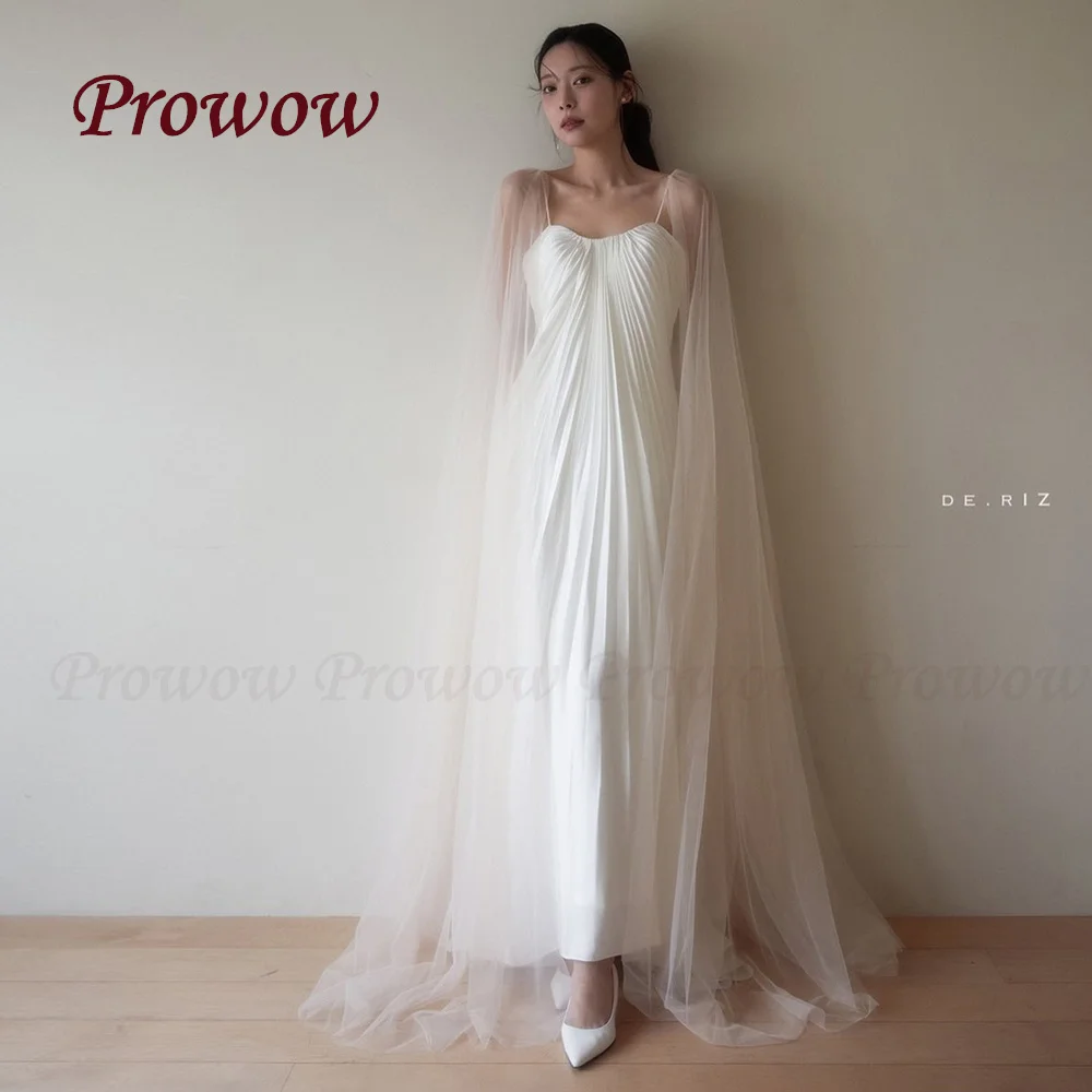 

Prowow Simple Ivory A Line Wedding Dress Korea Photo Shoot Spaghetti Straps Bridal Gown Pleated Satin Corset Zip Customized