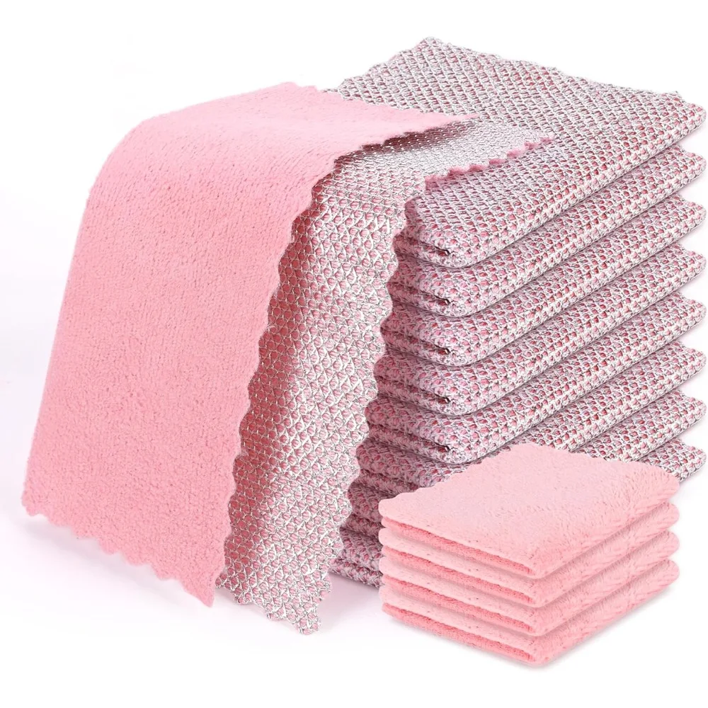 عرض ساخن - 12 قطعة من خرقة غسيل الأطباق متعددة الأغراض مقاس 9.64 × 9.64 في قماش أطباق سلكي غير سكارتش للفولاذ المقاوم للصدأ باللون الوردي الرطب والجاف #1