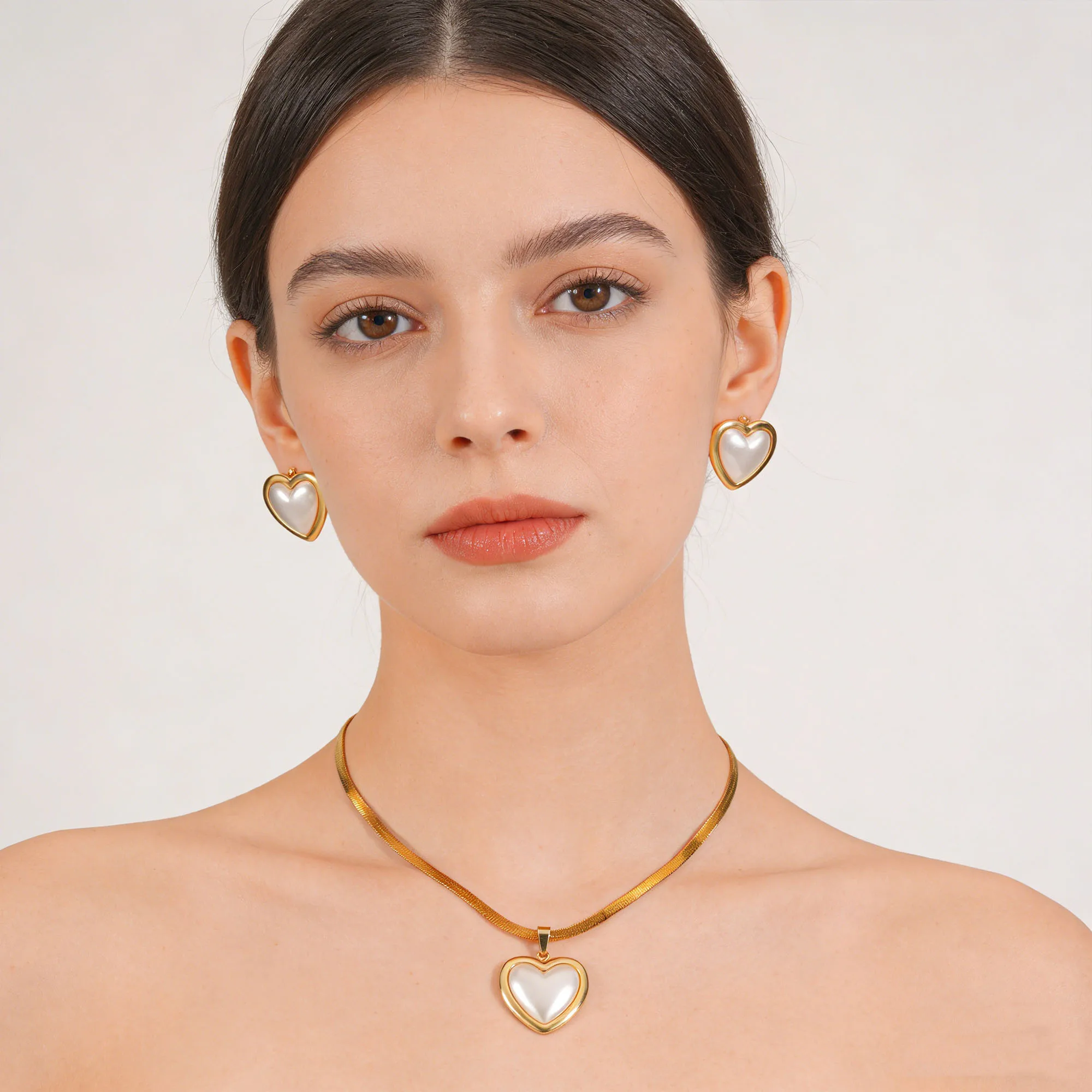 3pcs Stainless Steel Heart-shaped fritillary Necklace Earrings For Women Jewelry Set Party Wedding Gift Waterproof Accessories