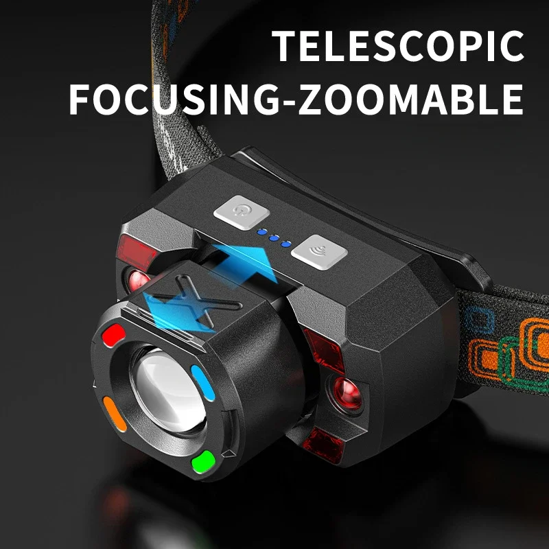 LED Sensor Headlamp Built-in Battery Rechargeable Zoom Head Flashlight 5 Lighting Modes Head Torch Camping Fishing Search Light