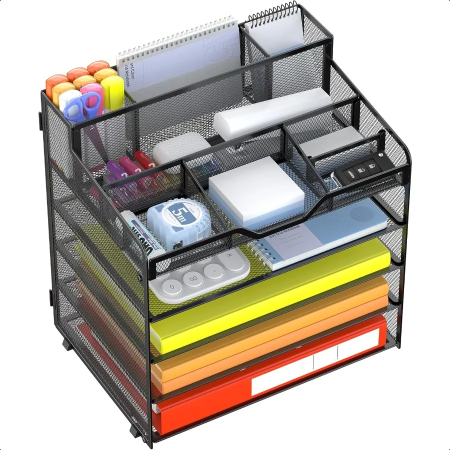 

MultiFunctional Desk Organizer Tray 5 Tier Paper Letter Tray Organizer with 3 Pen Holder Mesh Desktop Storage with 5 Adjustable