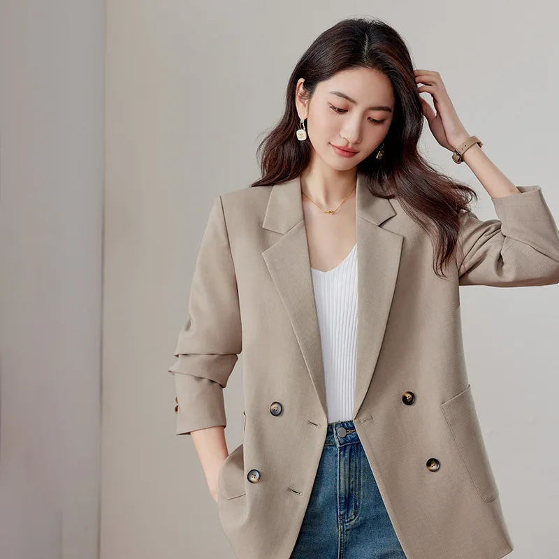 高品質レディースブレザー ノッチカラー ダブルブレストジャケット 秋冬2025 エレガントオフィスウェア ブラック カーキ