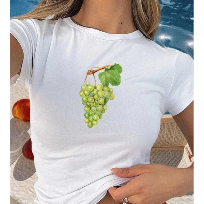 Camiseta de bebé y2k para mujer, Top corto con gráfico de frutas, camiseta de manga corta con cuello redondo, ropa estética de los años 2000, ropa de calle bonita