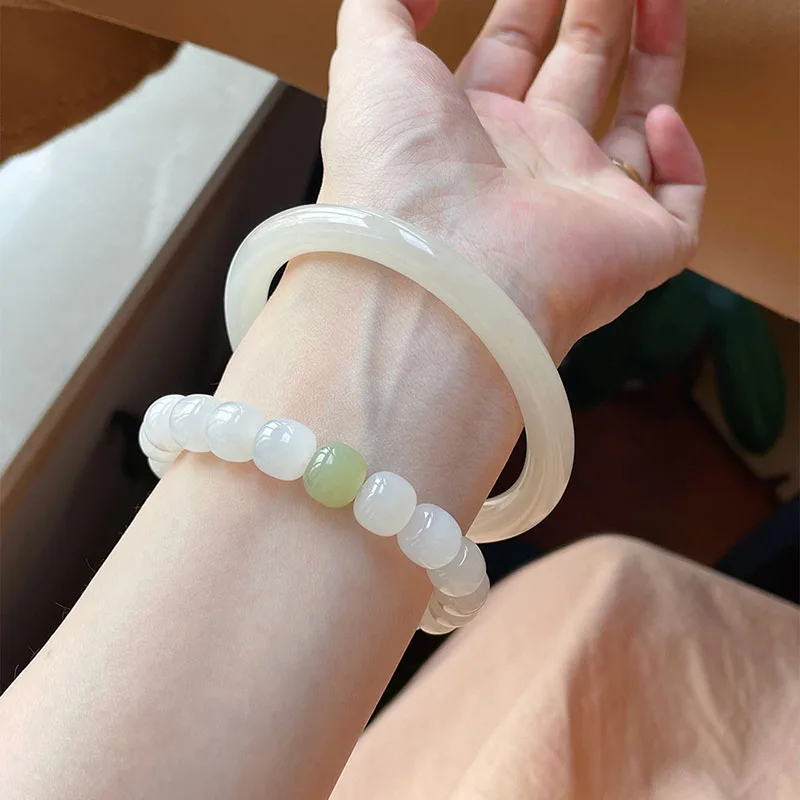 

Natural high quality Hotan Jade white jade bracelet single circle female 10mm Bead Bangle Lucky Amulets Jewelry Accessories