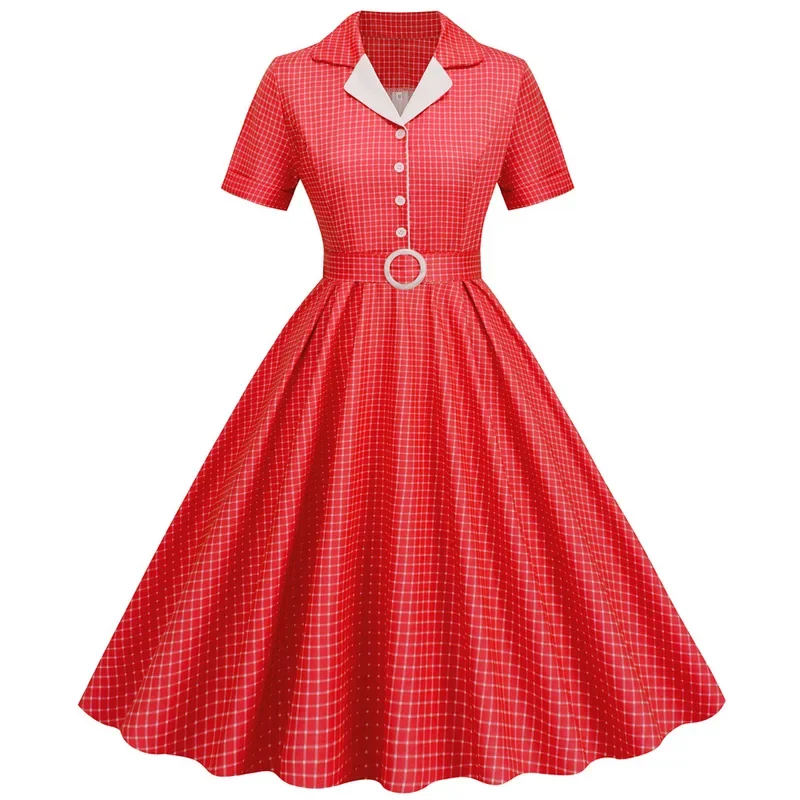 Plaid Vintage Office Lady Summer Dresses Women 2024 Fashion Retro 50s 60s 70s Swing Pinup Rockabilly Party Dress Robe Vesidos