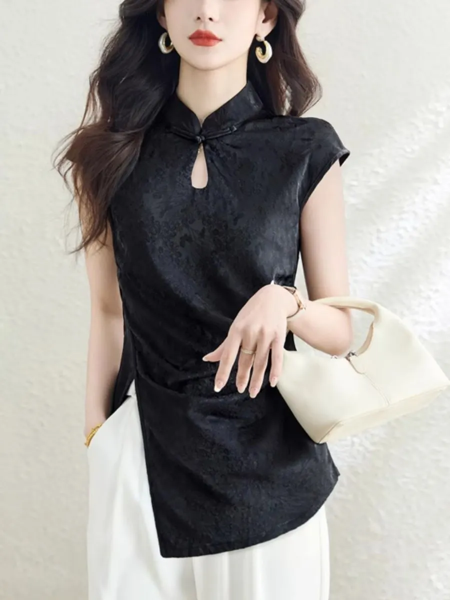 Chinese Sle Embroidered irt Collar Svel T-irt Satin Fabric Asymmetrical Slit Button up Women's Casual Top