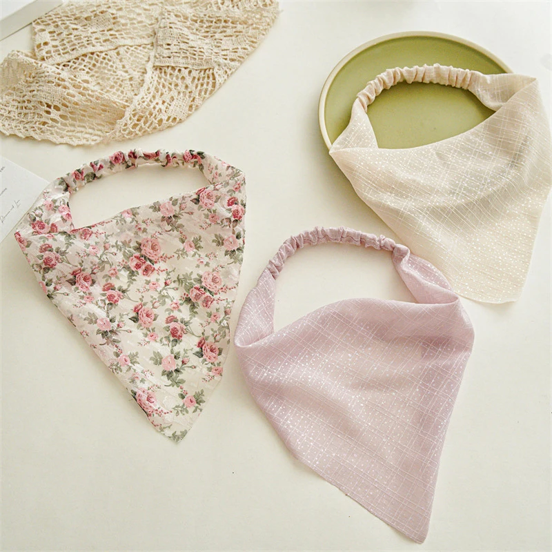 Sweet Floral Headscarf Vintage Silk Fabric Triangle Bandanas Hair Scarfs Headband Elastic Headwrap Versatile Fashion Accessories