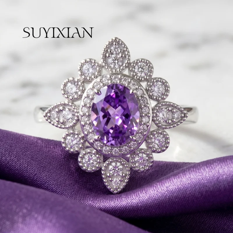 925 Sterling Silver Fashion Luxury Flower Crown Ice Flower Cut Zircon Sunflower Ring, Birthday Party Anniversary Gift