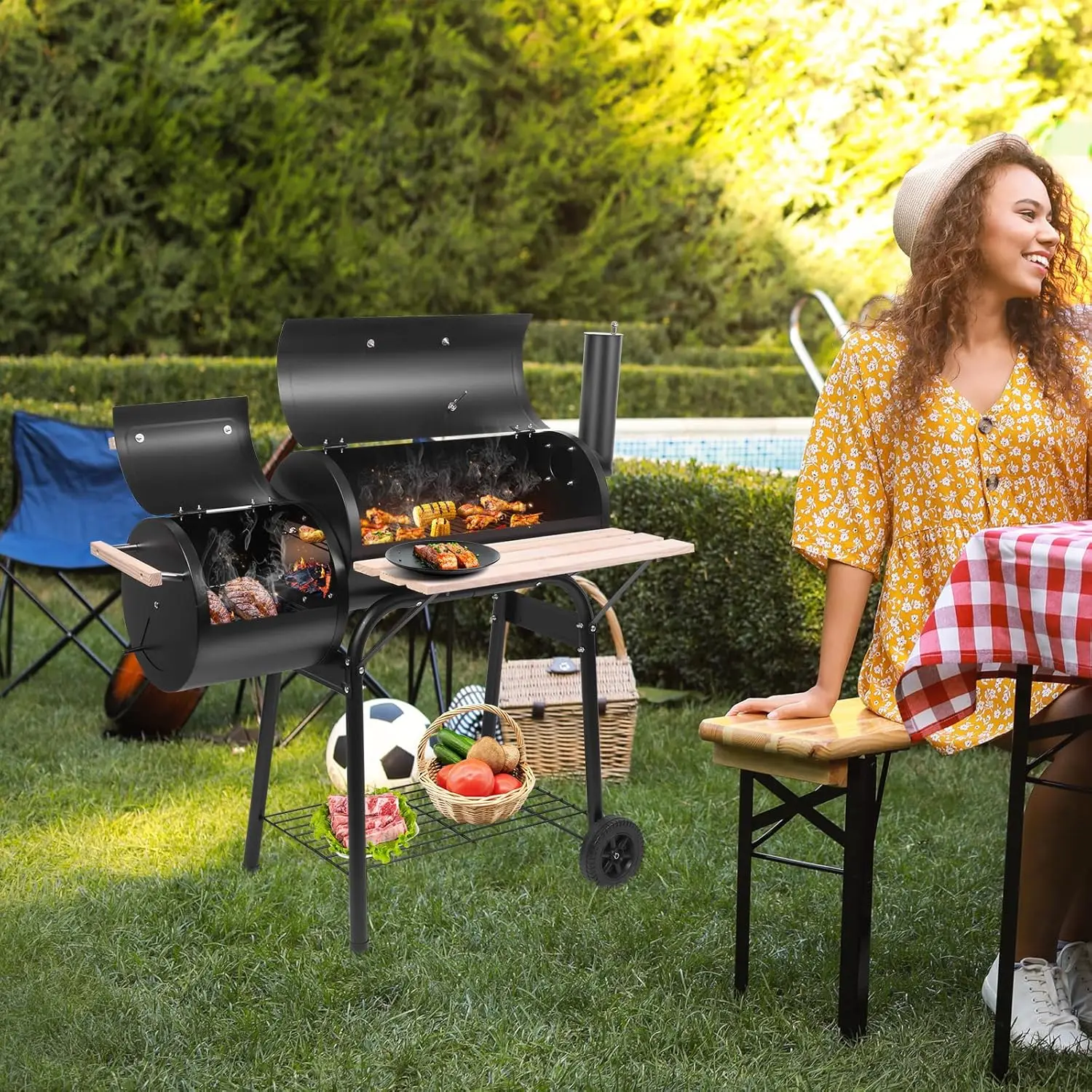 BBQ Charcoal Grill, Outdoor Patio Barbecue Cooker with Offset Smoker, Wheels and Tray for Balcony Picnics, Party and Camping image 5