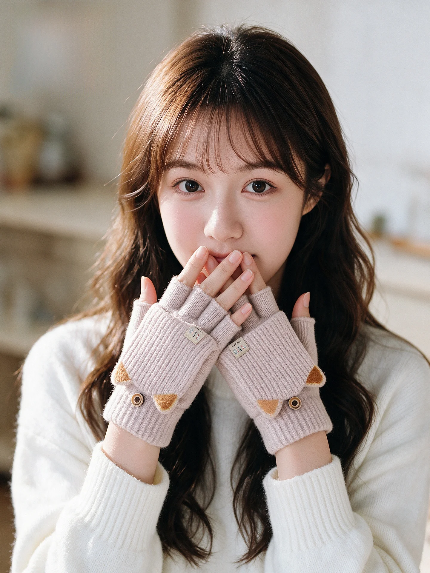 Thickened Knitted Gloves Women's Autumn Winter Warm Fleece Cute Riding Student Knitted Winter Flip Cover Half Finger Gloves