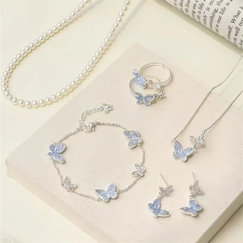 Fashion Silver Color Crystal Butterfly Jewelry Set Adjustable Bracelet Earrings Necklace Ring for Women Handmade New Year Gift