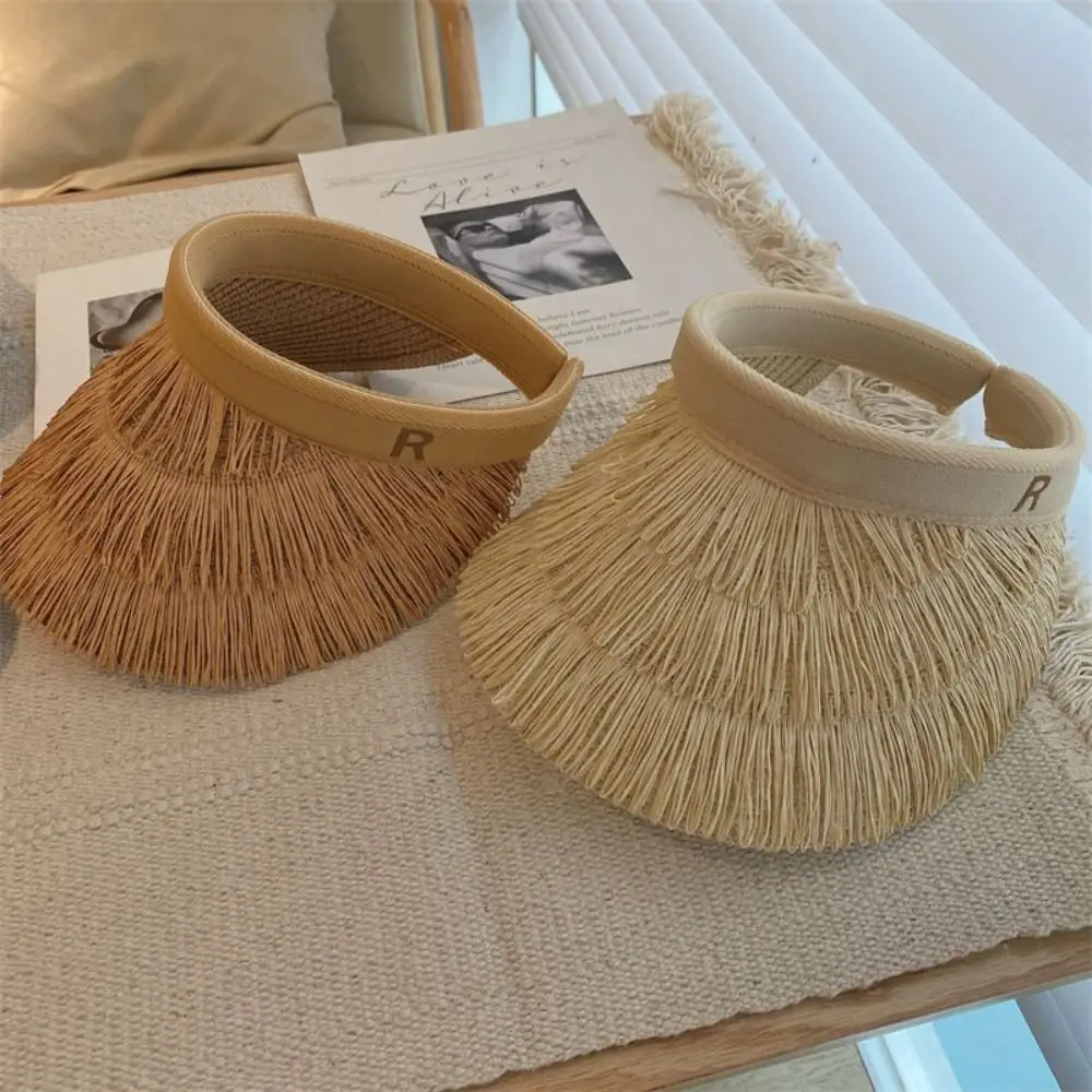 

Wide Brim Designer Tassel Straw Hats Empty Top Summer Empty Top Sun Hat Beach UV Protection Sunshade Cap for Women