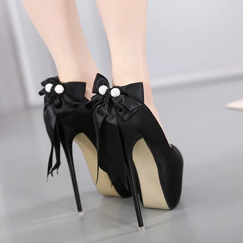 Women Sandals Silk Slip on 16CM Thin Heels High Heels Round Toe Butterfly-knot Shallow Waterproof Women Shoes Size 35-42 Black