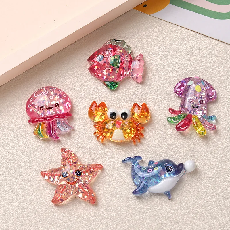 10/100pcs Cute Cartoon Shiny Ocean Dolphin Octopus Crab Flat Back Resin Scrapbooking DIY Handmade Decoration Accessories