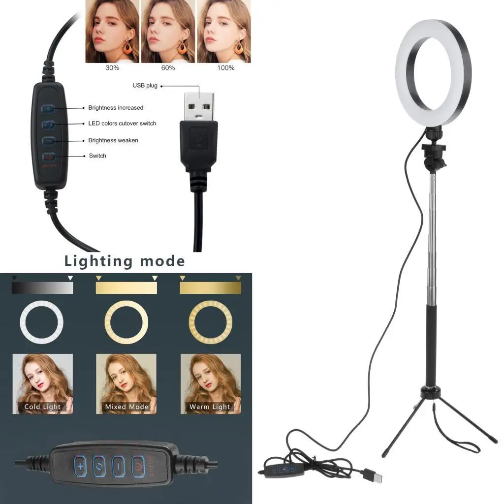 

6" LED Selfie Ring Light for Live Stream Makeup Video, Dimmable Beauty Ringlight with Tripod Stand and Phone Holder