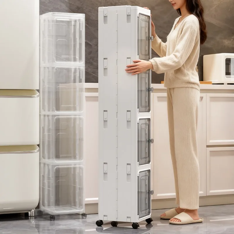 5‑Tier Slim Stackable Plastic Storage Cabinet with Wheels, Narrow Gap Transparent Door Organizer, Foldable Rolling Storage Shelf for Kitchen Refrigerator Side Gap, Bedroom Bathroom