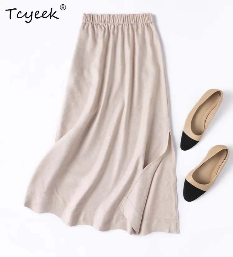 

Tcyeek Women's 100% Mulberry Silk Skirt,Crinoline silk Side Slit Elastic Waist Skirts,High Quality 2025 New Summer D55615JF