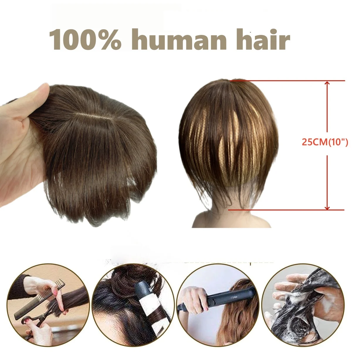 Satifresion الشعر القبعات العالية للنساء شعر بشري حقيقي 10 بوصة رقيقة الدانتيل قاعدة منتصف جزء الانفجارات قطع الشعر مع ترقق الشعر #4