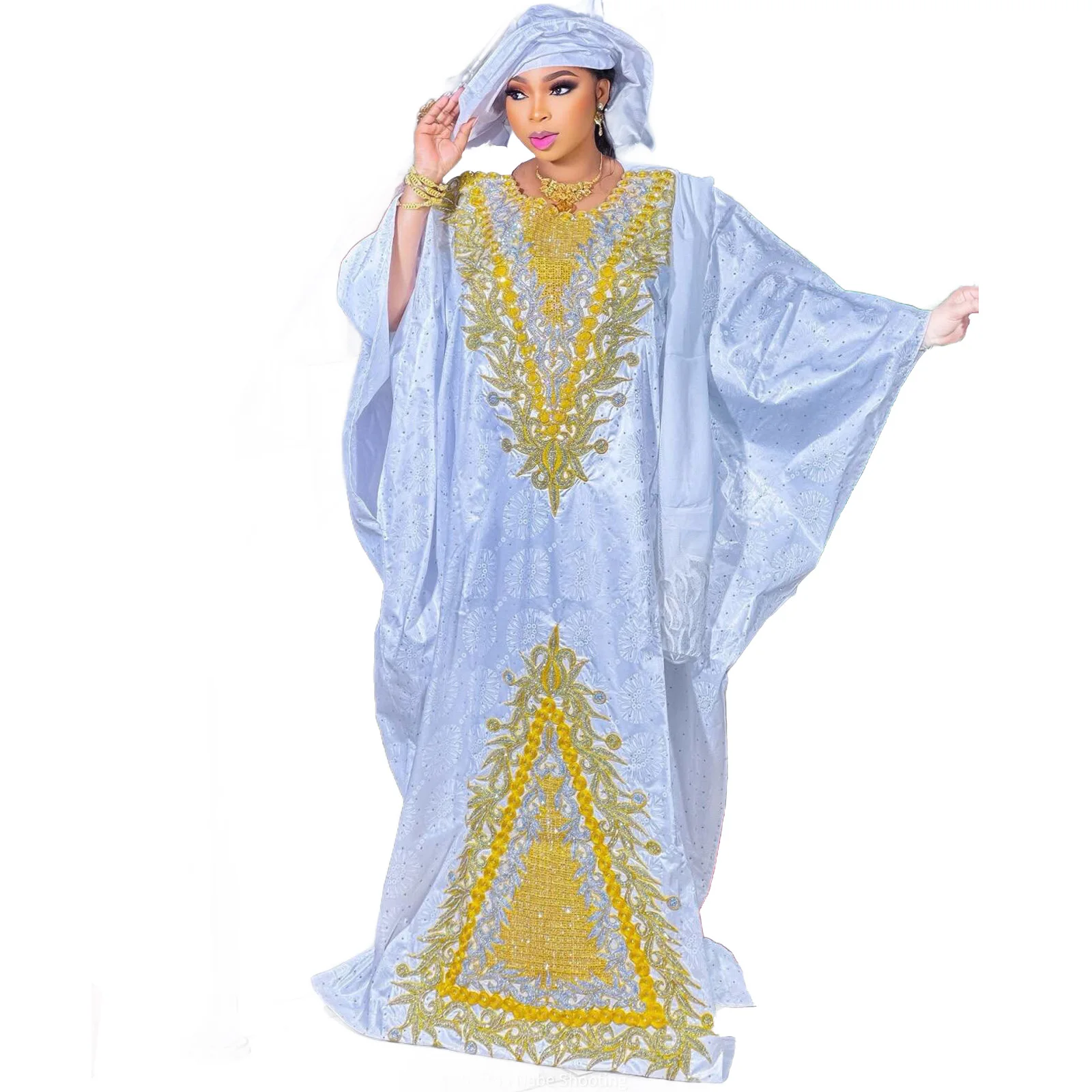 African Dresses For Women Plus Size Bazin Riche Embroidery Design Long Dress With Scarf