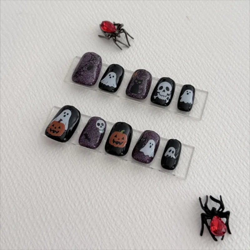 Halloween Press On Nails, Pumpkin Trick or Treat Design, 3D Embossed False Nails, Cute Spooky Nail Art