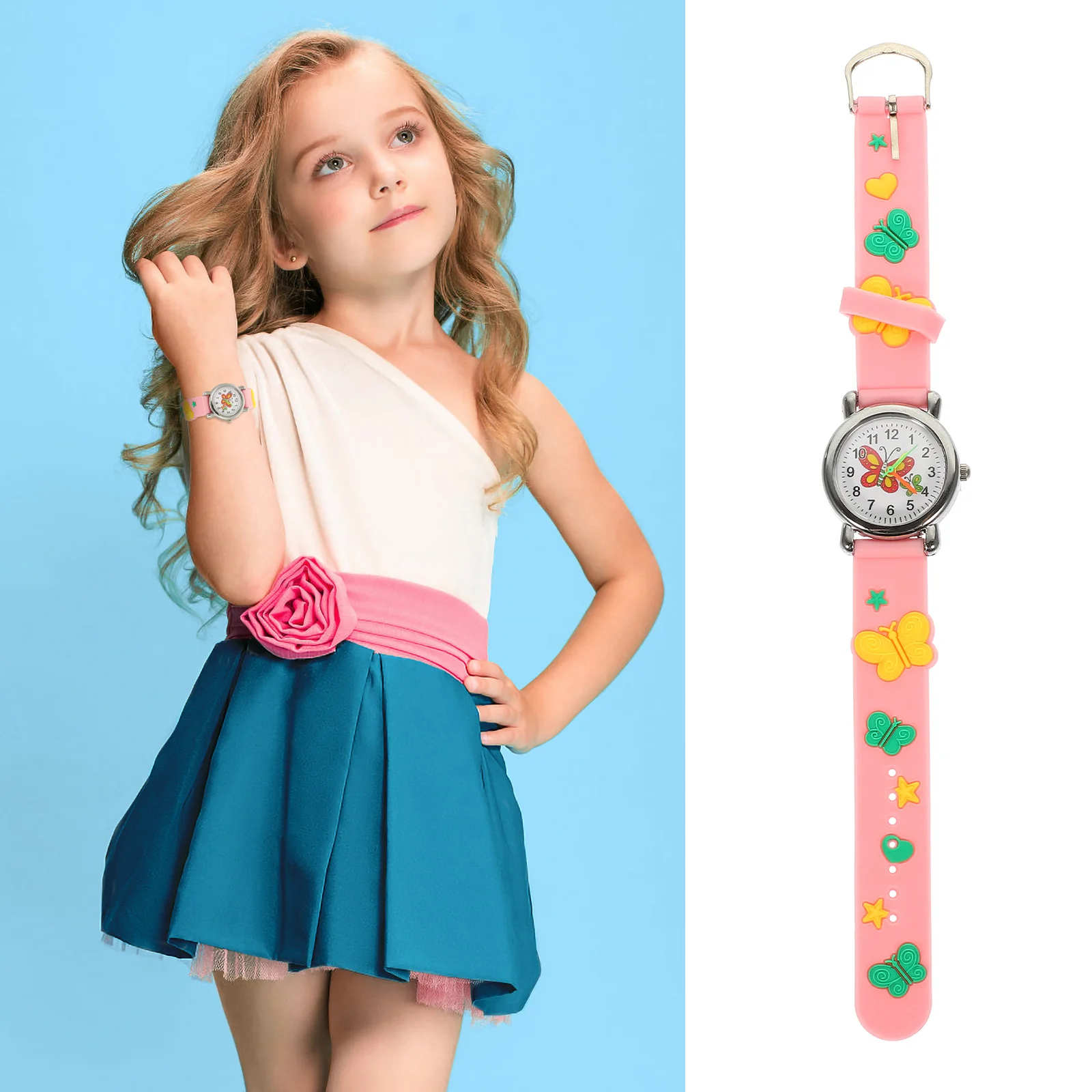 Reloj con patrón de mariposa, reloj de pulsera de dibujos animados, luminoso, ligero, cómodo, reloj de aprendizaje para