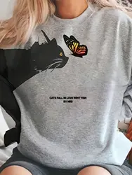 Sudadera informal de talla grande con estampado de letras, Gato y mariposa para mujer, sudadera de manga larga con cuello redondo