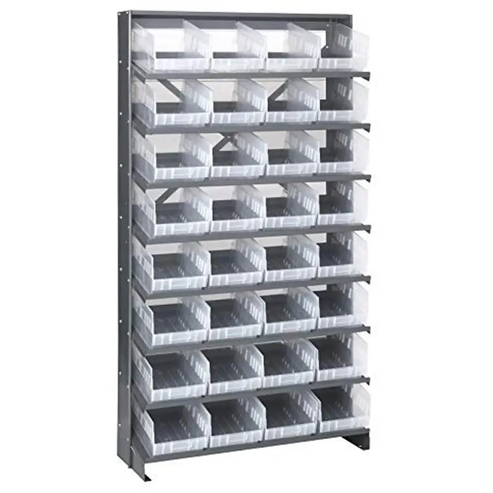 

Sloped Display Shelving Pick Rack 8 Shelves; 32 Clear Storage Bins Healthcare Warehouse 400 lb Capacity Steel Construction Easy