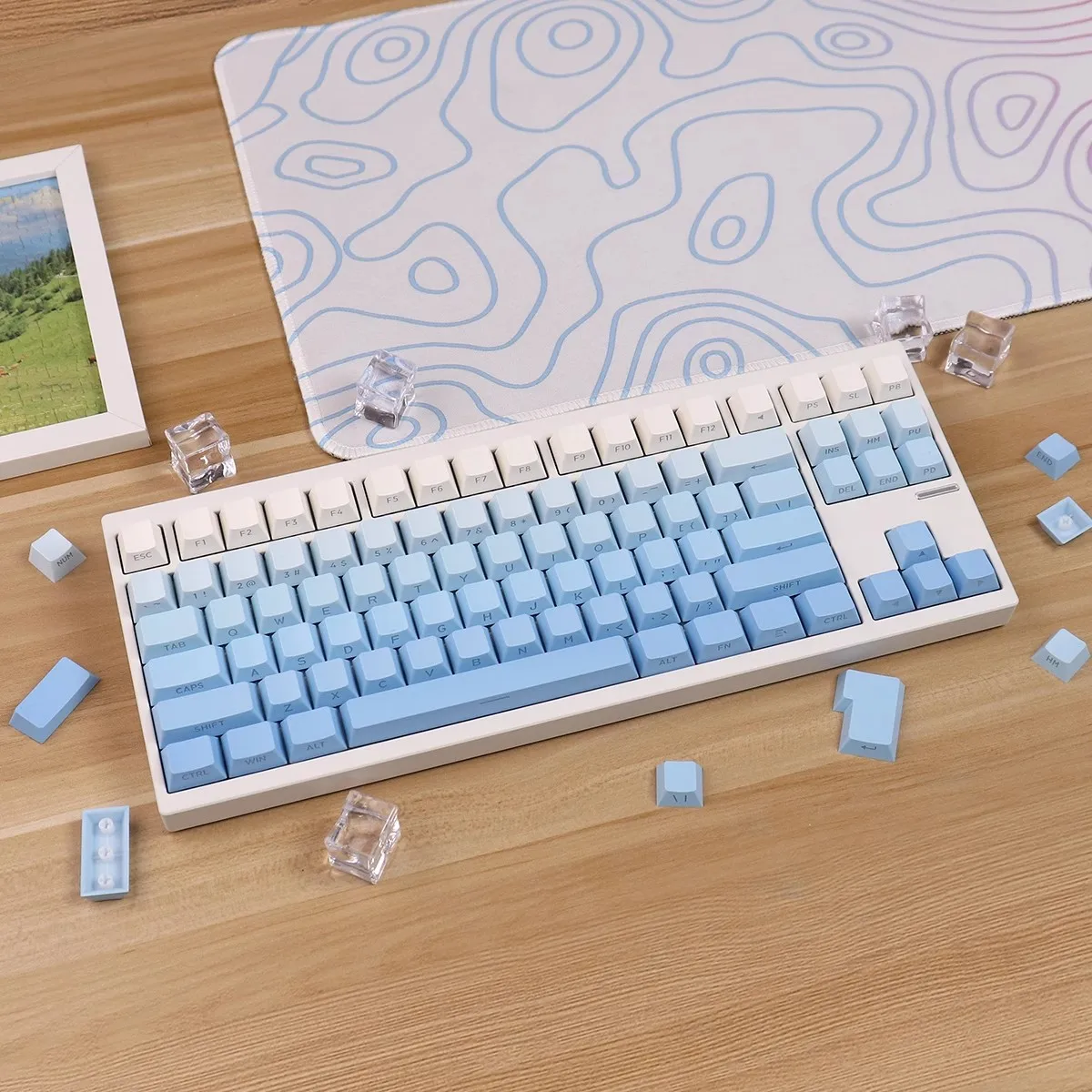 

Градиентные синие колпачки для клавиш PBT, боковая гравировка, полупрозрачные колпачки для клавиш, колпачки для клавиш с вишневым профилем и 2,25U, 2,75U, 3U7U, пробел ISO Enter