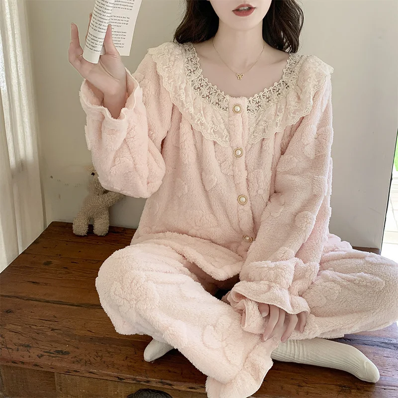 Herbst Winter Korallen Fleece Frauen Pyjamas Fleece-gefüttert Mädchen verdicken lange Ärmel warm halten bequeme Nachtwäsche Homewear Anzug