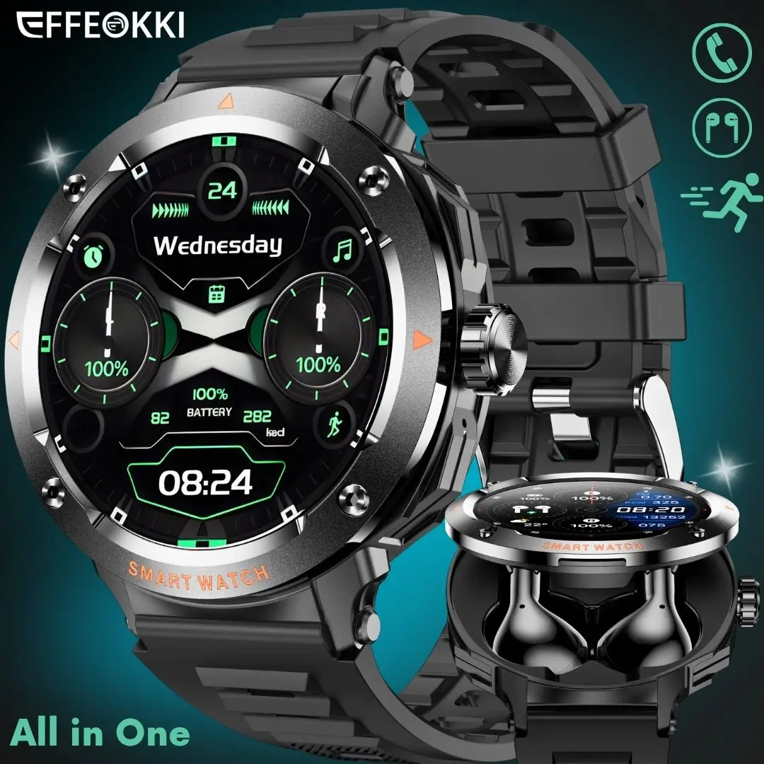 

EFFEOKKI Sport Smartwatch with Earbuds 1.46" Round Screen, Zinc Alloy Bezel, Wireless Calling, Multiple Sport for iPhone Android