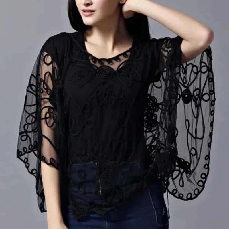 2024 High Quality Loose Hollow Chiffon Women\'s Blouse Summer Lace Batwing Three-quarter Sleeve Shirt Blusas Femininas 803J 38