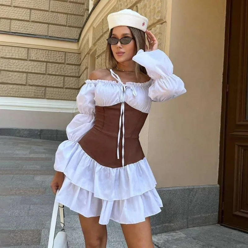 

Sweet Patchwork Short Dresses Women Lace Up Slash Neck Long Puff Sleeve Skinny Tierred Party Dress Elegant Mini Bodycon Vestidos
