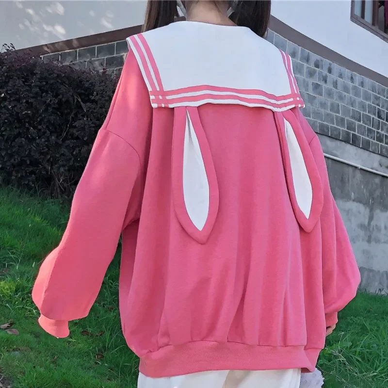 Sudaderas con capucha de cuello marinero de orejas largas de conejo Kawaii para mujer, sudaderas lindas de estilo Lolita japonés, jerséis sueltos de gran tamaño, Top