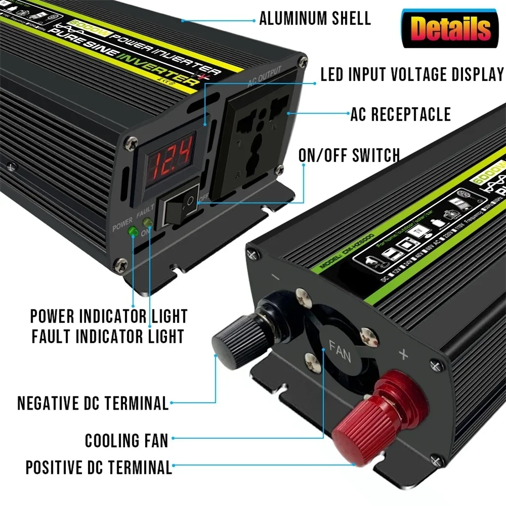 3000W Pure Sine Wave Inverter Car Power Inverter Solar Inverter DC 12V/24/48V/60V to AC 220V Household Outdoor