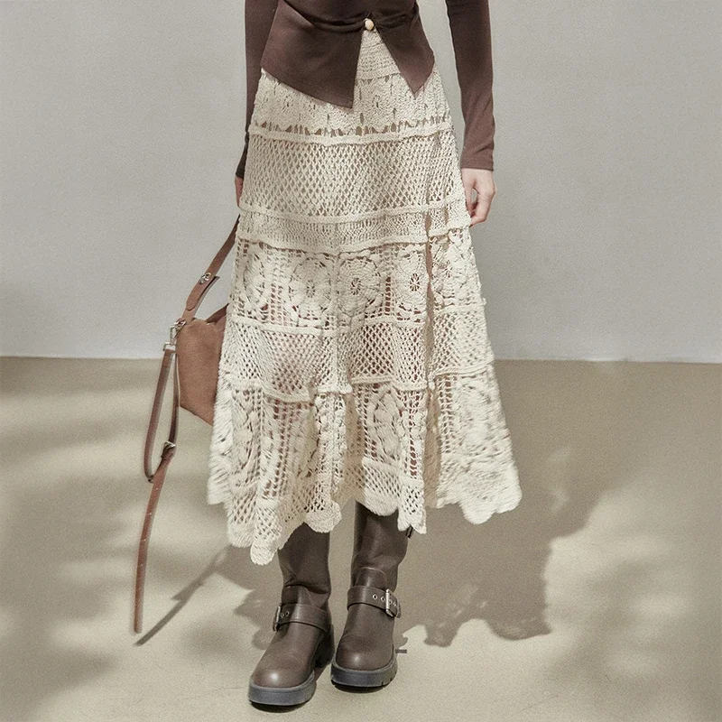 Crochet Midi Skirts Women Openwork Hollow Out Guipure Lace Long Skirt Summer Dress French Chic Retro Boho Hippie Festival Outfit