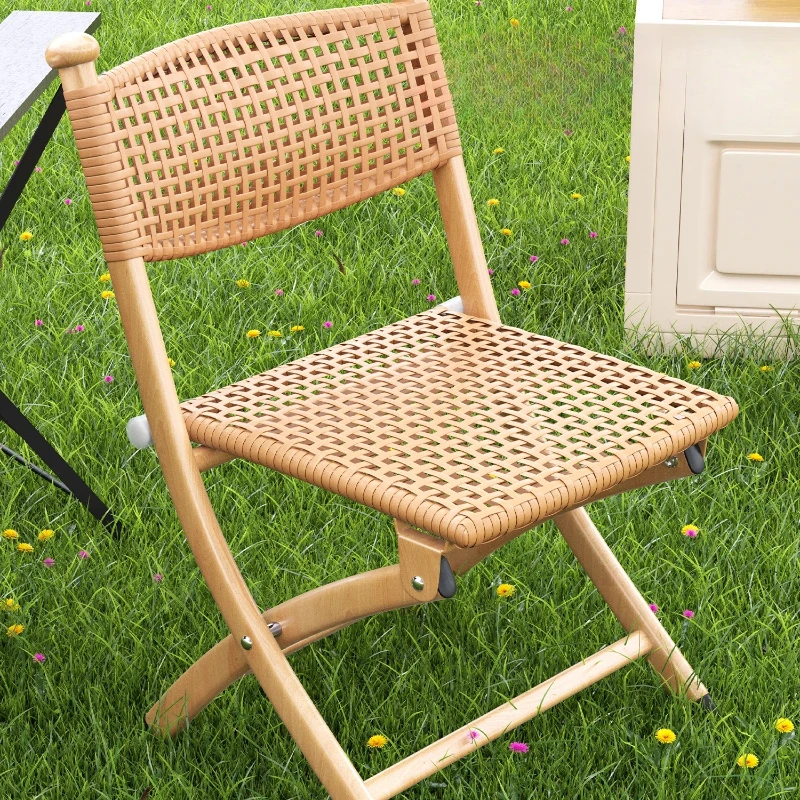 Foldable Rattan Chair Patio Armchair for Elderly, Portable Camping Stool with Back Support, Lightweight Outdoor Bistro Seat