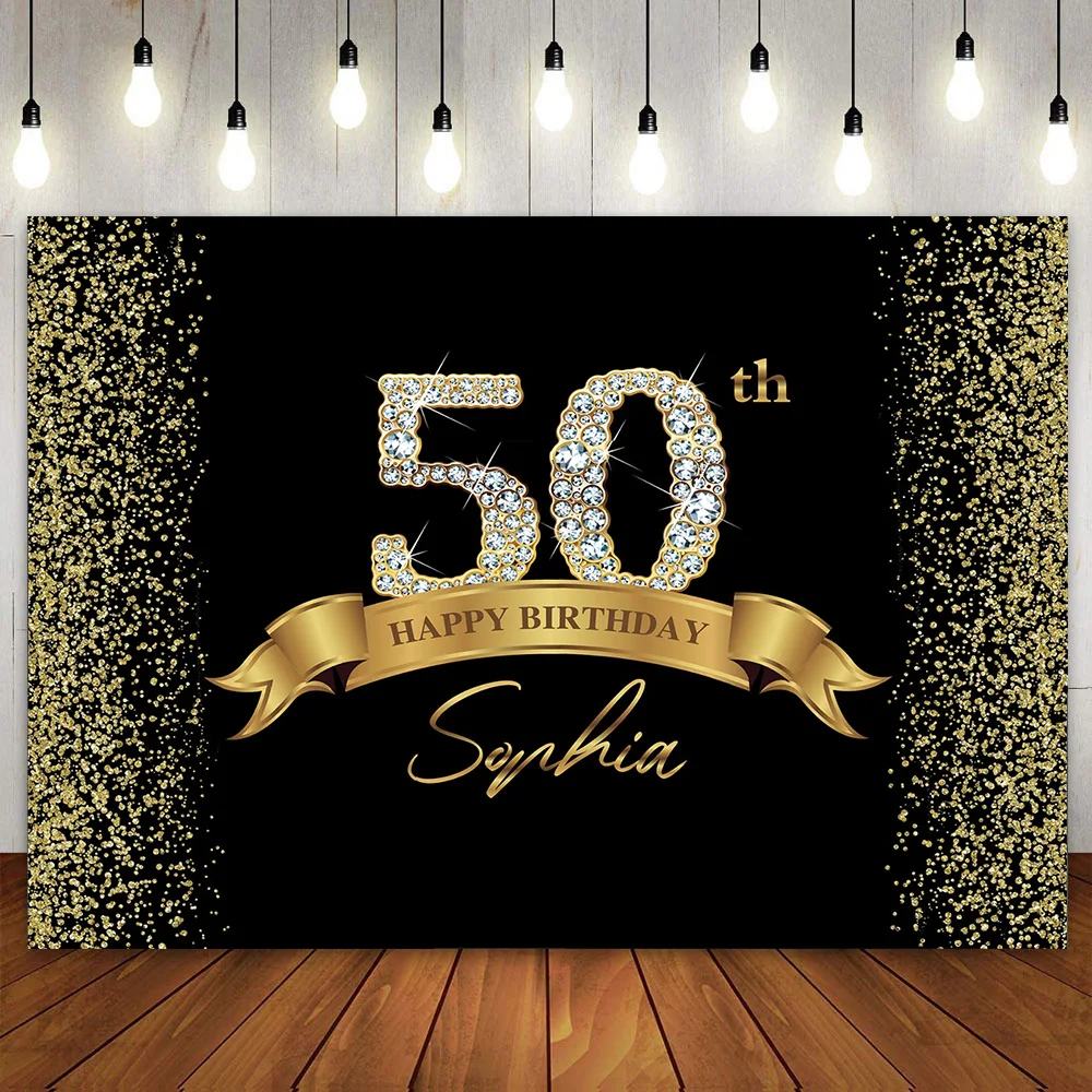 

Custom Happy 50th 40th 60th Birthday Backdrop Photography Background Black Champagne Golden Cake Table Banner Photo Booth Poster