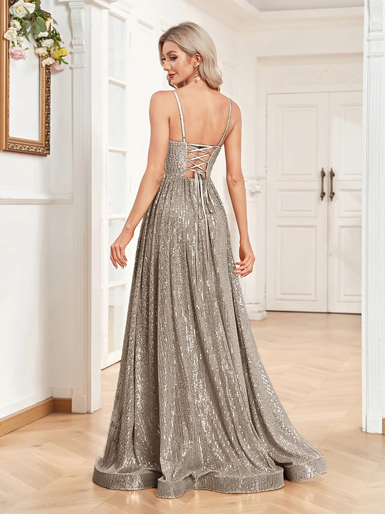 Elegant Sexy Strapless V-neck Sequin Formal Evening Dress Long A-line Women Wedding Party Caicktail Prom Floor Lenght Gown